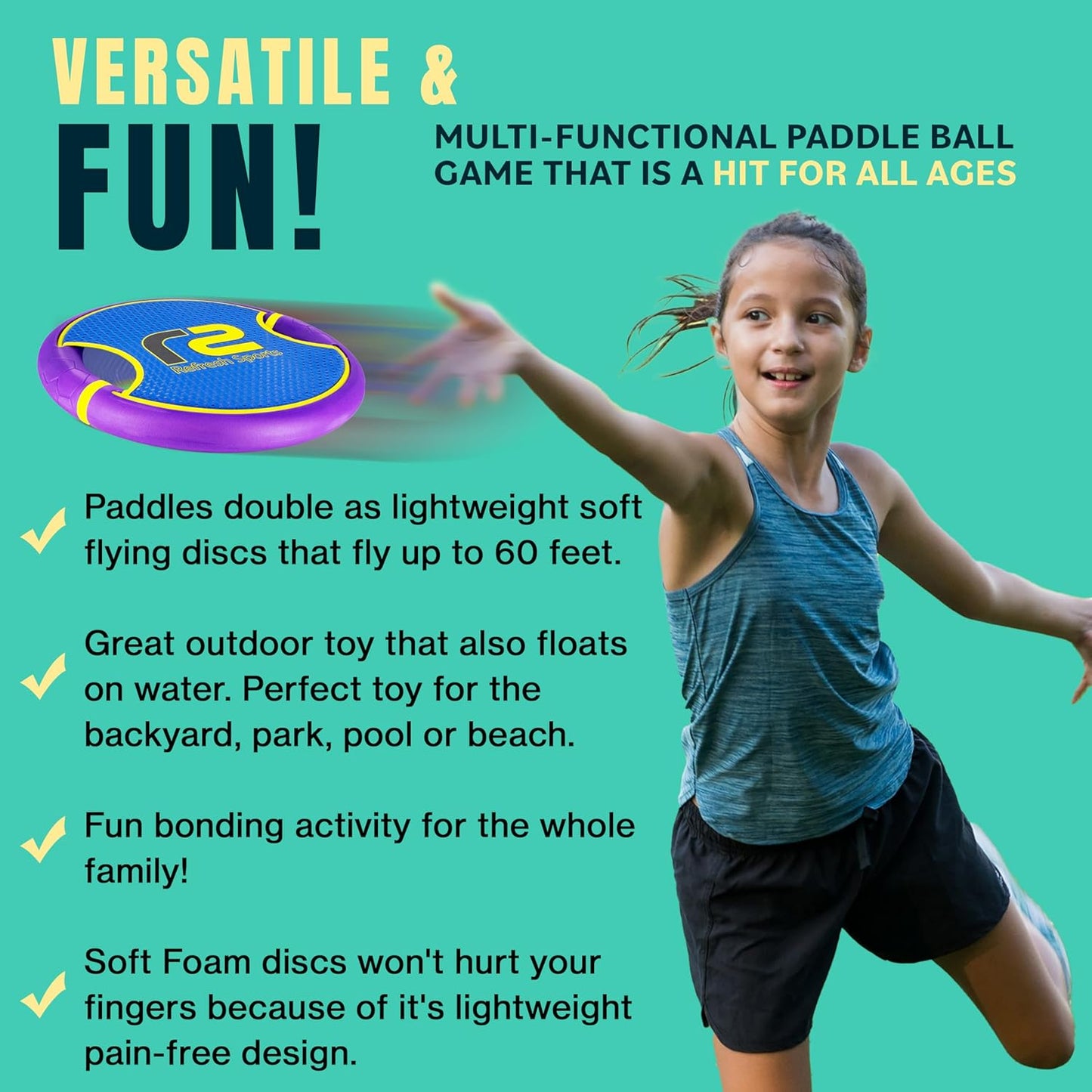 Fun Bouncy Paddle & Stringy Ball Toss & Catch Game - Easy to Use for Kids All Ages - Soft Foam Design for Safe Play Indoors or Outdoors - Also Works as Flying Disc - Great Gift Idea for Boys & Girls