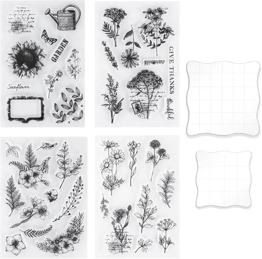 UCEC 4 Sheets Clear Stamps Set for Card Making and 2 Pcs Acrylic Stamp Block, Vintage Plants and Flowers Rubber Silicone Stamps, Small Clear Stamps for Crafts Decoration and DIY Scrapbooking