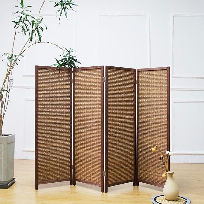 4 Panel Short Room Divider Screen,Brown Freestanding Partition,Small Bamboo Panel Divider for Room Seperation,3.95 FT Tall