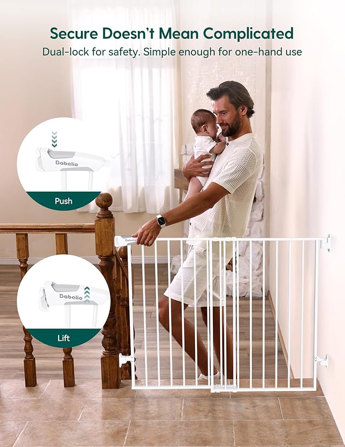 Babelio Baby Gate for Stairs, Kitchen & Doorways, No Bottom Bar| Easy Installation| One-Handed Operation| Auto-Close| Hardware Mount (Drill Needed) Safety Dog Gate (White - B17, 29-49" W, 28" H)