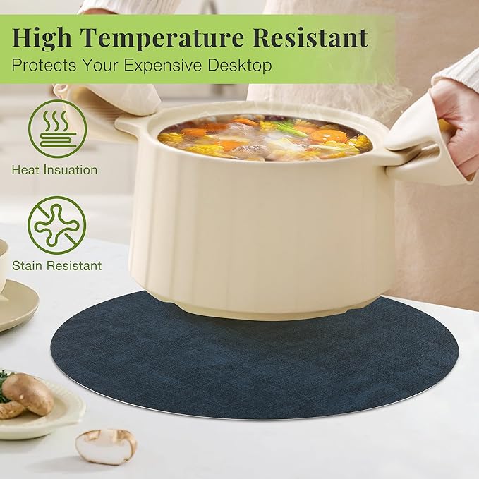 13-Inch Faux Leather Round Placemats Set of 6, Waterproof Anti-Slip Dual Sided Place mats, Heat Resistant Washable Table Mats with Coaster, Suitable for Indoor & Outdoor (6, Black Navy Blue)