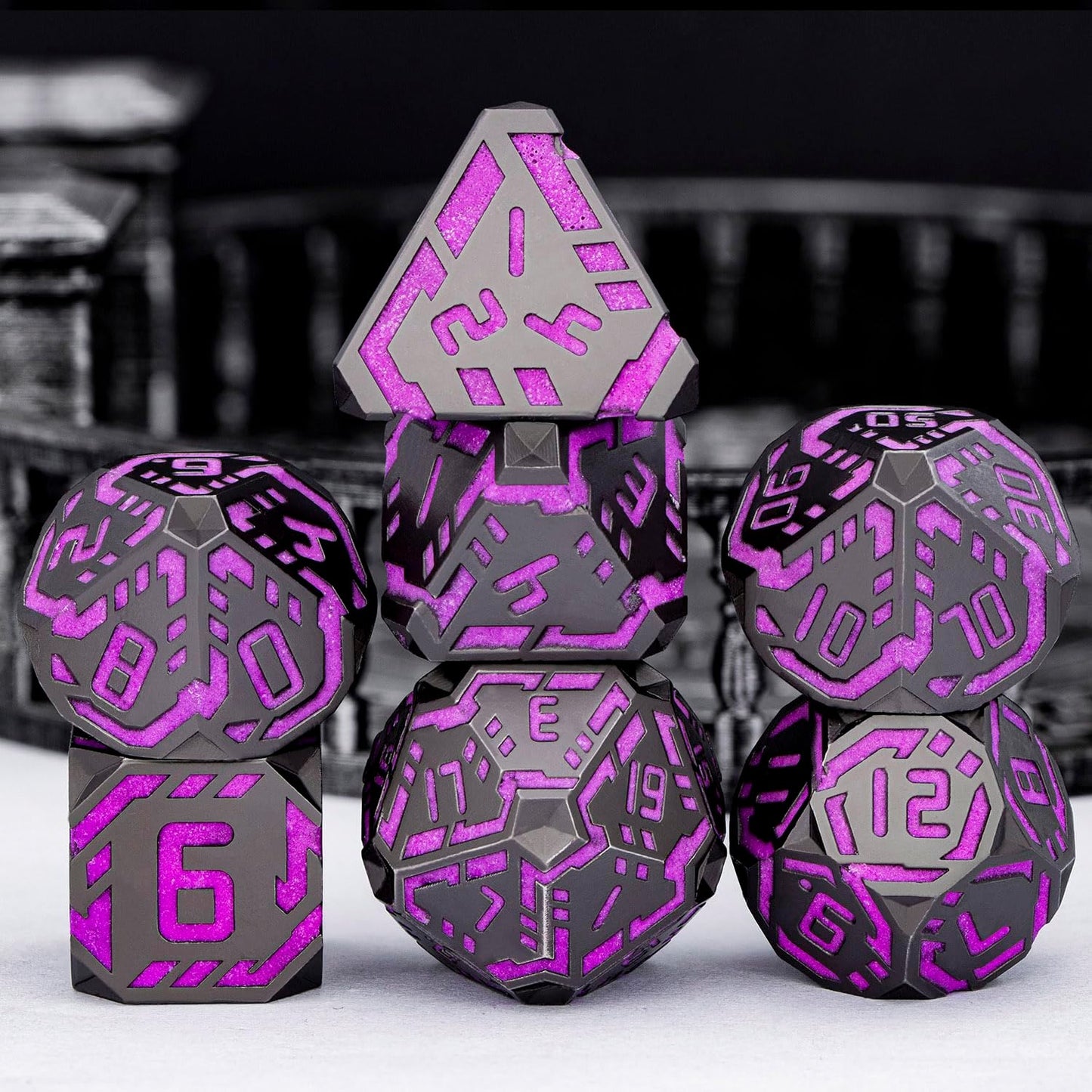 Metal DND Sci-fi Dice Set 7PCS Luminous Purple Stripe Polyhedral Dice for Dungeons Dragons RPG Role Playing Game, Glitter D and D Dice with Gift Box D6 D8 D10 D12 D20