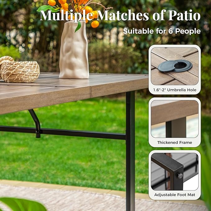 Outdoor Patio Dining Table for 6, Teak Rectangle Patio Table with Umbrella Hole, All Weather Wrought Iron Black Outdoor Table for Garden Backyard Lawn Yard