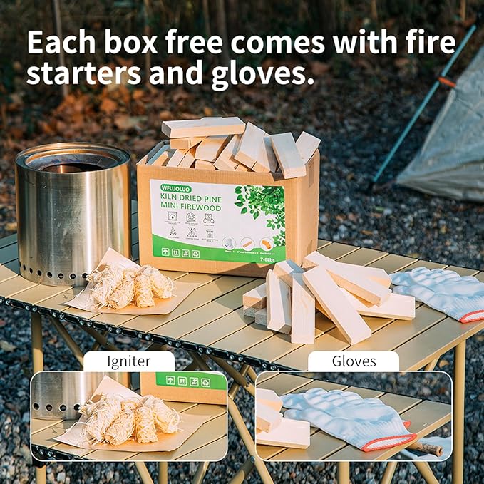 Mini Firewood with 4pcs Fire Starters&Gloves 5'' Lengths Pine Kiln Dried Fire Wood Great for Solo Stove Mesa XL, Tabletop Fire Pit,Pizza Oven Wood,Solo Stove Accessories