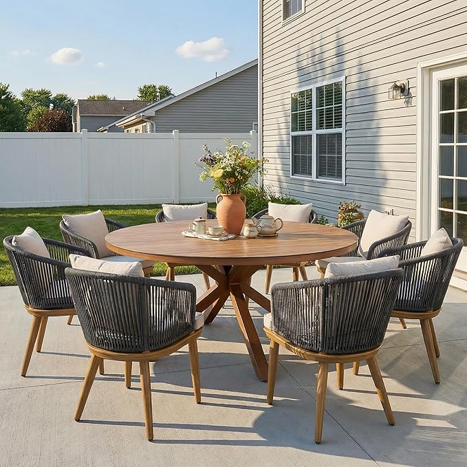 PURPLE LEAF 9 Pieces Patio Dining Set Wicker Outdoor Furniture Round Table and Chairs Set for Garden Deck Teak-Finish Aluminum Frame Backyard Kitchen Set, Cushions and Pillows Included