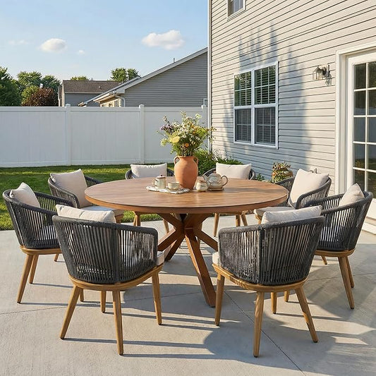 PURPLE LEAF 9 Pieces Patio Dining Set Wicker Outdoor Furniture Round Table and Chairs Set for Garden Deck Teak-Finish Aluminum Frame Backyard Kitchen Set, Cushions and Pillows Included