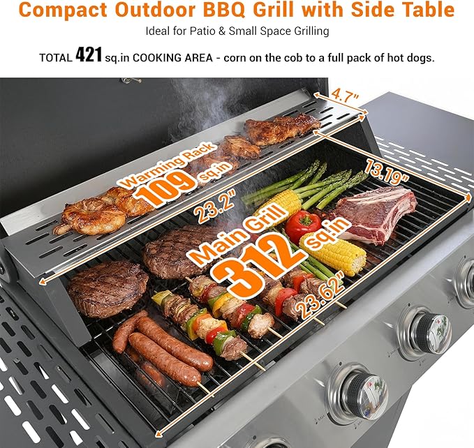 4-Burner Stainless Steel Gas Grill | 34,000 BTU Total Output & 421 sq.in Cooking Area | Powerful Even-Heat System for Large Family BBQs & Backyard Parties