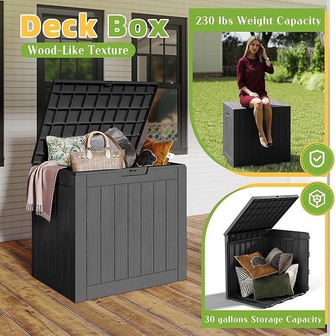 30 Gallon Waterproof Outdoor Storage Box,Resin Deck Box,Lockable Outside Storage Box Container for Patio Furniure,Garden (30 Gallon Black)