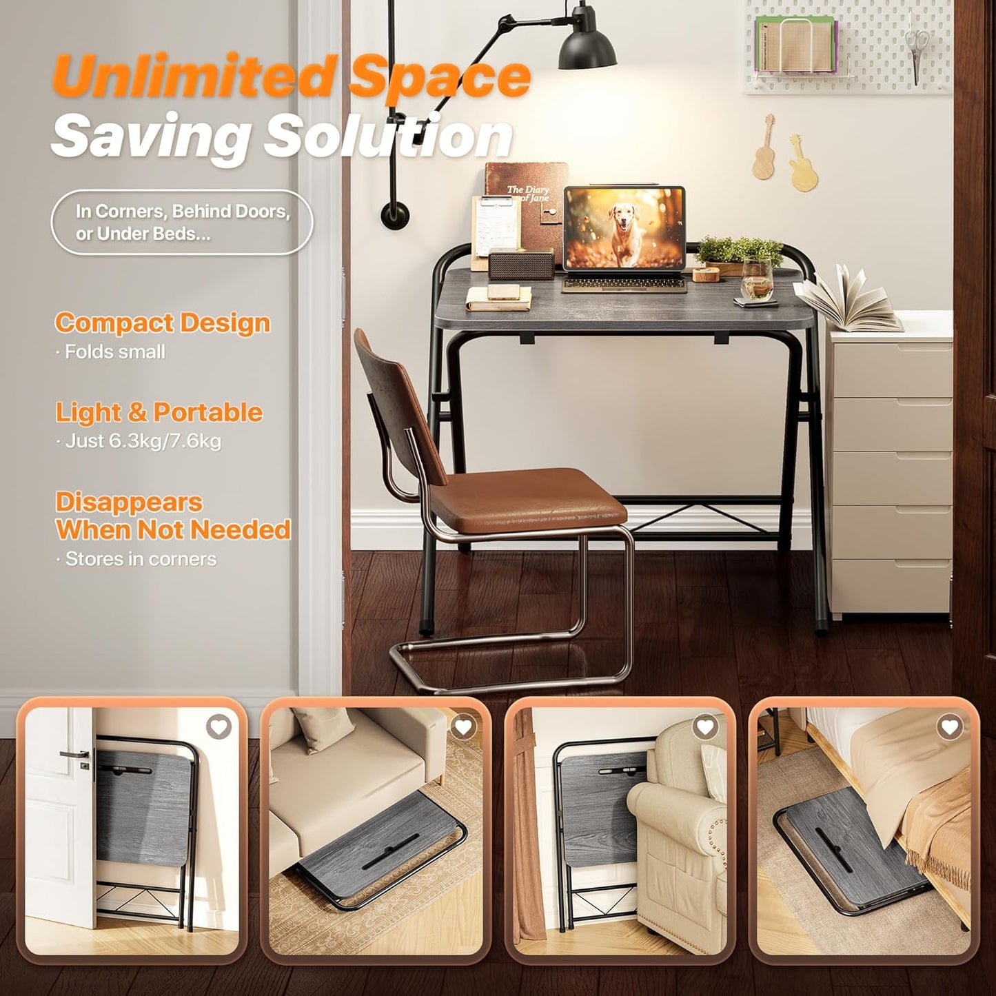 Huuger Folding Desk with 3-Level Adjustable Height and Tablet Slot, 24 Inch Foldable Computer Desk for Small Spaces, Space Saving, Writing Work Table for Home Office, Bedroom, Study, Grey