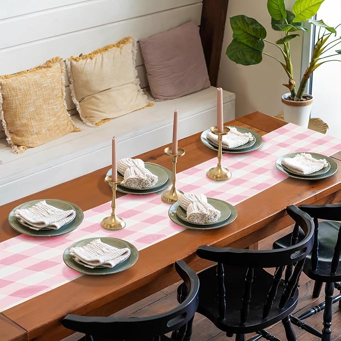 Fabric Checkered Table Runner 6 Pack Waterproof Gingham Table Runner 14W x 108L Buffalo Check Table Runners for Parties Kitchen Dining Wedding Banquet (Pink and White)
