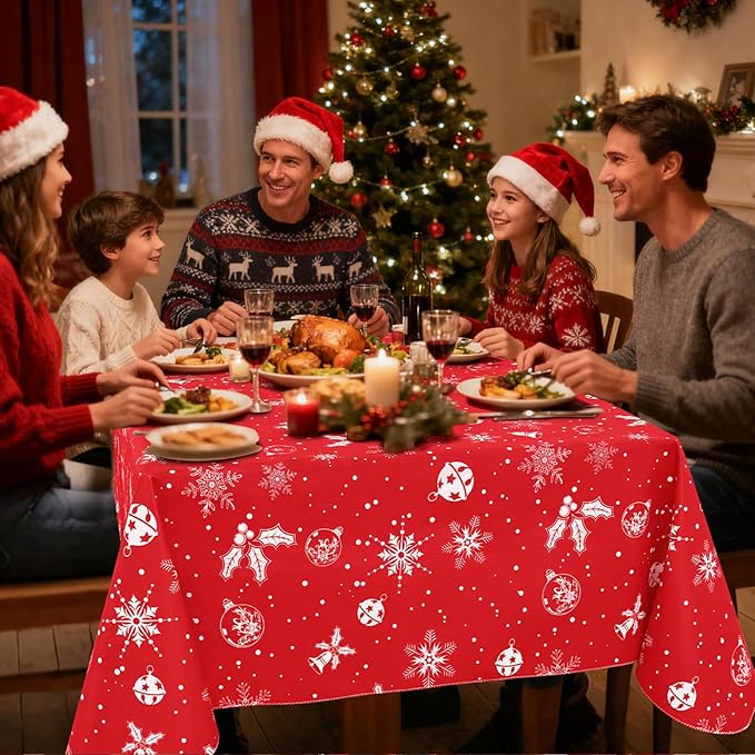 misaya Rectangle Waterproof Vinyl Table Cloth, Wipeable Tablecloth with Flannel Backing, Plastic Table Cover for Dinner, Christmas Party (Bells, 60" x 102")