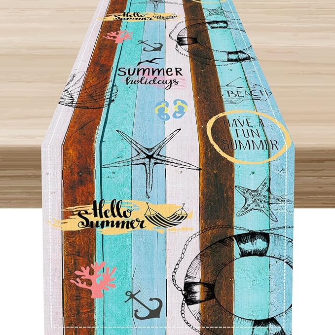 Retro Summer Table Runner, Coastal Starfish Beach Seashell Ocean Nautical Wooden Plank Seasonal Coffee Table Center Decor for Home Kitchen Dining Patio Holiday Party Table Decorations 13"x90"