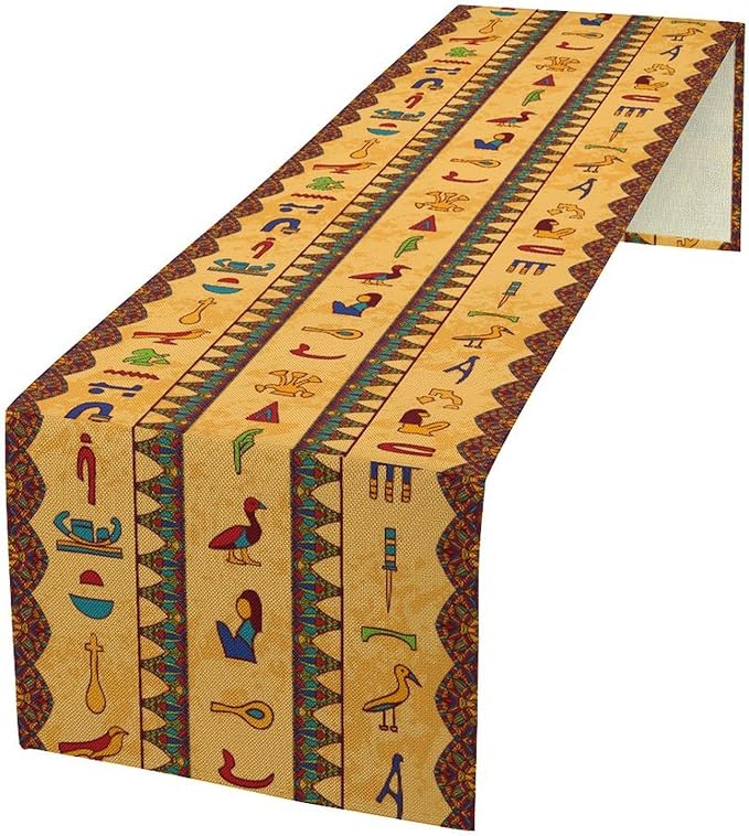 Egyptian Table Runner, Colorful Ancient Egyptian Hieroglyphs Floral Geometric Table Runner for Kitchen Family Dining Holiday Party Farmhouse 13x90in