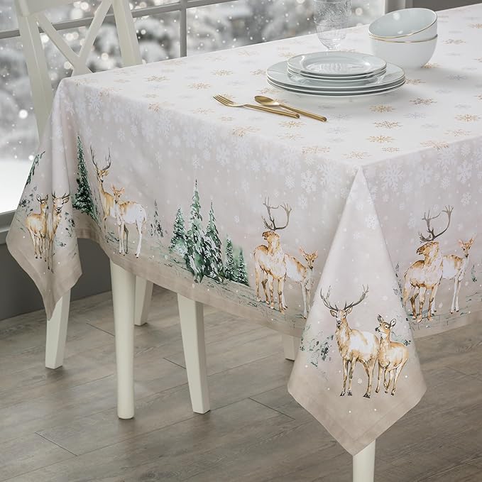 Maison d' Hermine Table Cloth Square Table 100% Cotton 60 x 60 Inches Fall Tablecloth Reusable Everyday Use for Thanksgiving Christmas Decorations Dining Farmhouse Party (Deer in The Woods)