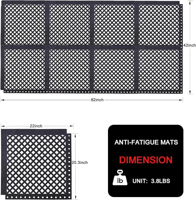 Anti-Fatigue Rubber Floor Mat, 8-Pack Interlocking Anti-Slip Tiles – Assembled Size 84"x42" (Each 21"x21") for Workplace, Home, Indoor & Outdoor Use