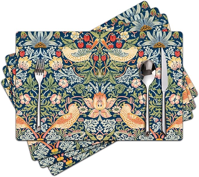 William Morris Strawberry Thief Placemats - Placemats set of 4 Faux Leather Heat Resistant for Dinner Table, Non-Slip Waterproof Oil-Proof Washable Reusable Placemat for Indoor Outdoor Kitchen