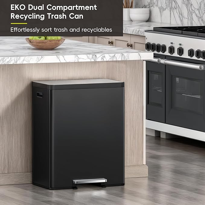 EKO EcoCasa II 36L+24L Dual Trash Can with Recycle Bin, Stainless Steel Garbage Can with Lid, Deodorizer Compartment, Odor-Proof and Fingerprint Resistant, Matte Black