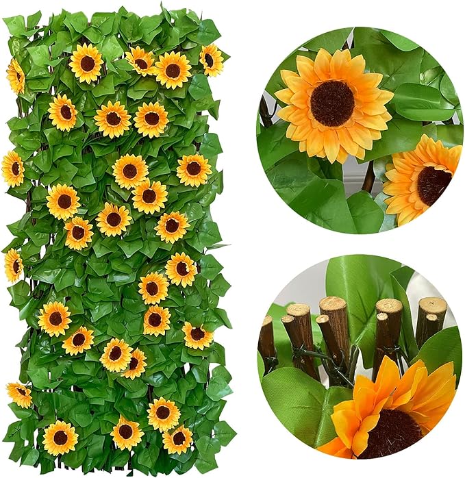 Expandable Fence Privacy Screen for Balcony Patio Outdoor,Decorative Faux Ivy Fencing Panel,Artificial Hedges (Single Sided Leaves) (1, Sunflowers)