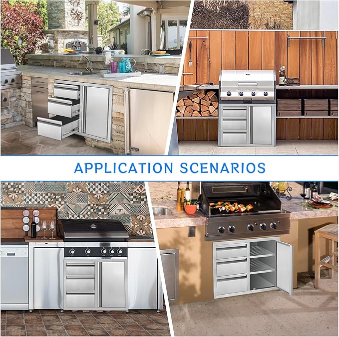 Outdoor Kitchen Drawer Combo, Stainless Steel Triple Drawers with Access Door, 28" W x 22" H x 19.5" D Outdoor Kitchen Cabinet for BBQ Island Grill Stations