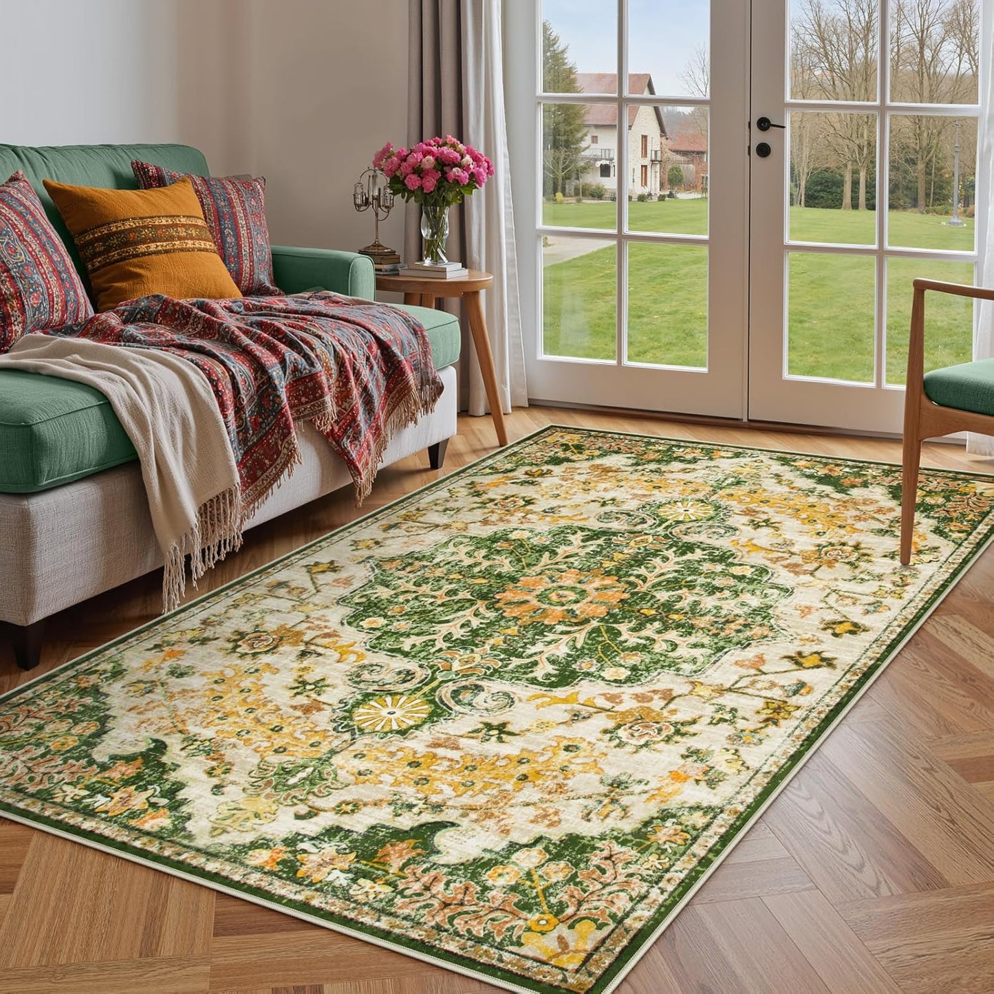 Lahome Bohemian Floral Medallion Area Rug - 4x6 Soft Rugs for Living Room Washable Rugs for Bedroom, Vintage Non Slip Indoor Carpet for Apartment Dining Room Kitchen Foyer RV, Yellow/Green/Multi