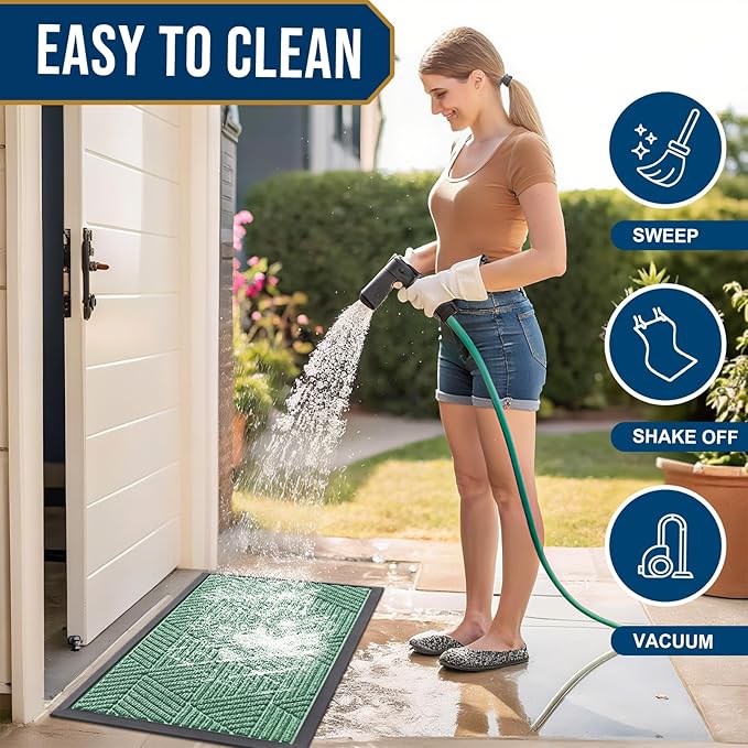 Smiry Front Door Mat Outside Entrance, Heavy Duty Sturdy Natural Rubber Doormat, Trap Dirt and Moisture, Easy Clean Low Profile Mats for Indoor Outdoor Entry, Irregular Triangle (36x24, Mint Green)