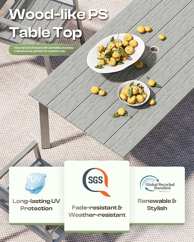 67" Rectangle HDPS Patio Dining Table, Aluminum Outdoor Patio Dining Table with Umbrella Hole, Weather-Resistant for Lawn, Garden, Yard, Poolside and Indoor Use (Gray & Teak)