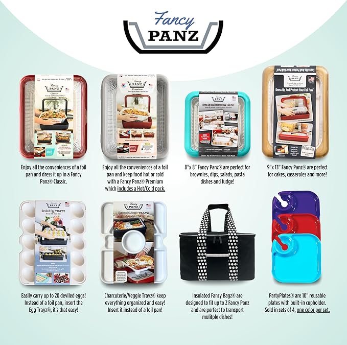 Fancy Panz - Charcoal Classic Aluminum Foil Pan Carrier with Lid - Elevated Food Serving Tray - Portable Casserole Carrier with Lid - Made in The USA Hosting Essentials