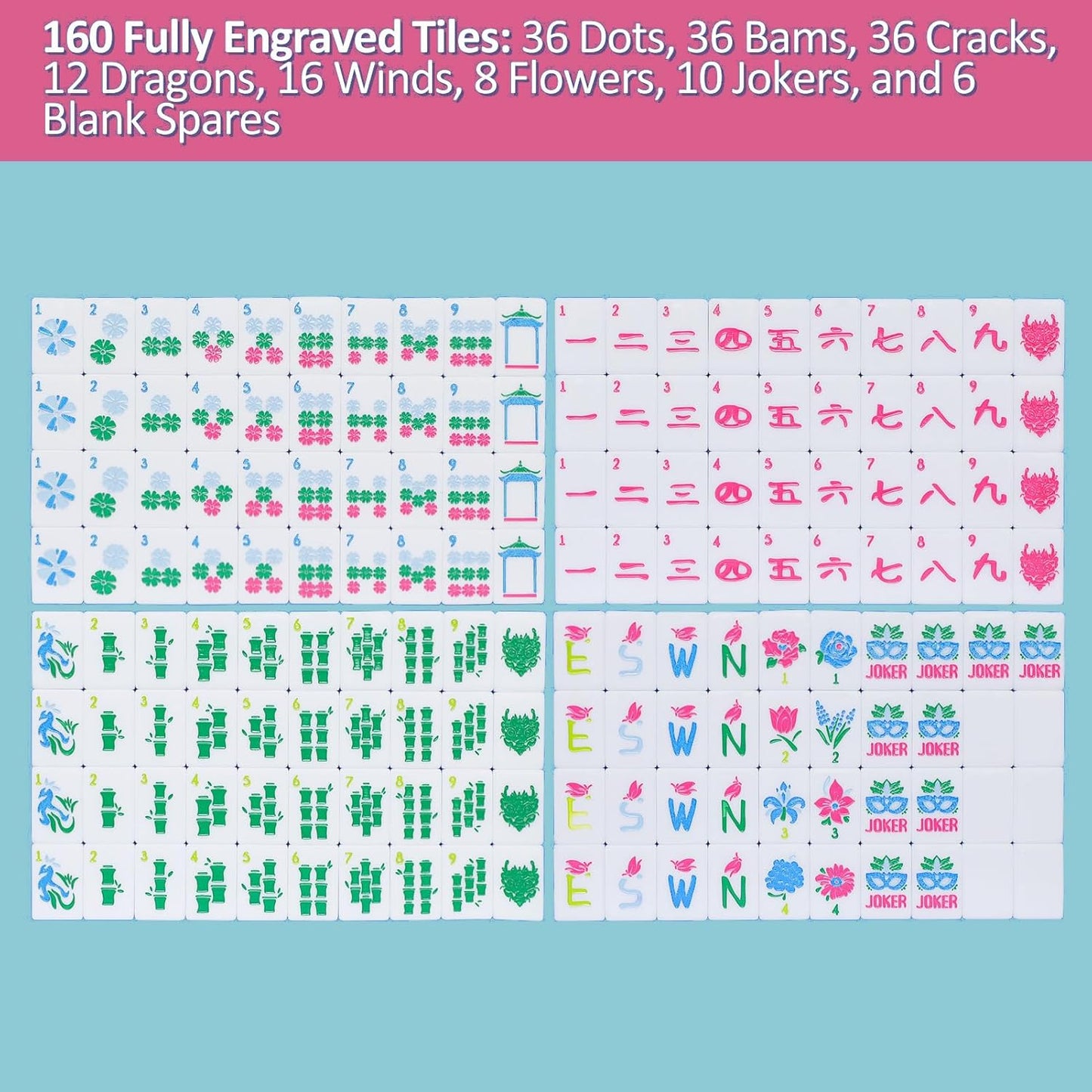 American Mahjong Tile Set(Pink) with Carrying Bag and Accessories, 160 Acrylic Engraved Mahjong Tiles