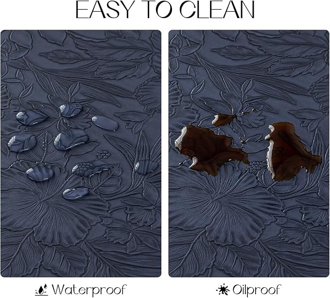 Romanstile Vinyl Placemats Set of 6-12 X 18 Inch - Heat Resistant Non-Slip Embossed Floral Place Mats 100% Waterproof Oilproof Wipeable Faux Leather Table Mats for Kitchen/Dining/Party, Navy Blue