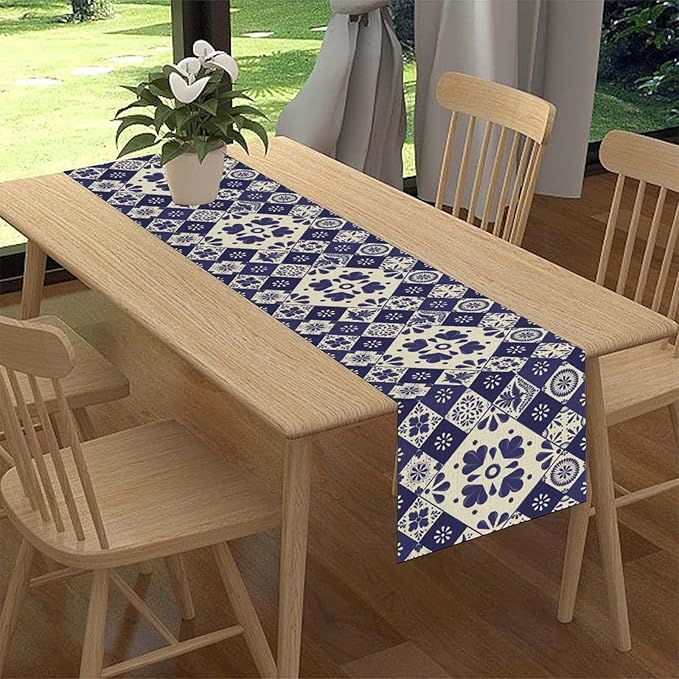 Mexican Table Runner, Blue Floral Birds Mexico Talavera Ceramic Dia De Los Muertos Coffee Table Center Decor for Family Home Kitchen and Dining Farmhouse Indoor Outdoor Table Decorations, 13" X 72"