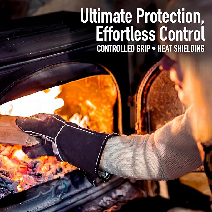 RAPICCA Fireplace Gloves Fire Heat Resistant: Black 14IN - Fireproof Leather for Fireplace Fire Pit Wood Stove Campfire Furnace BBQ Grill Oven Stick Mig Welding Welder Gear - Birthday Gift for men