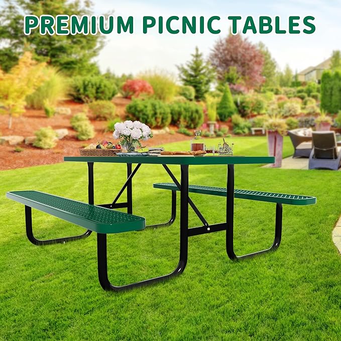 6FT Rectangular Metal Picnic Table for Outdoors, Commercial Steel Metal Picnic Tables, Heavy Duty Sturdy Picnic Tables Furniture Set for Patio Garden Courtyard BBQ, with Umbrella Hole, Green