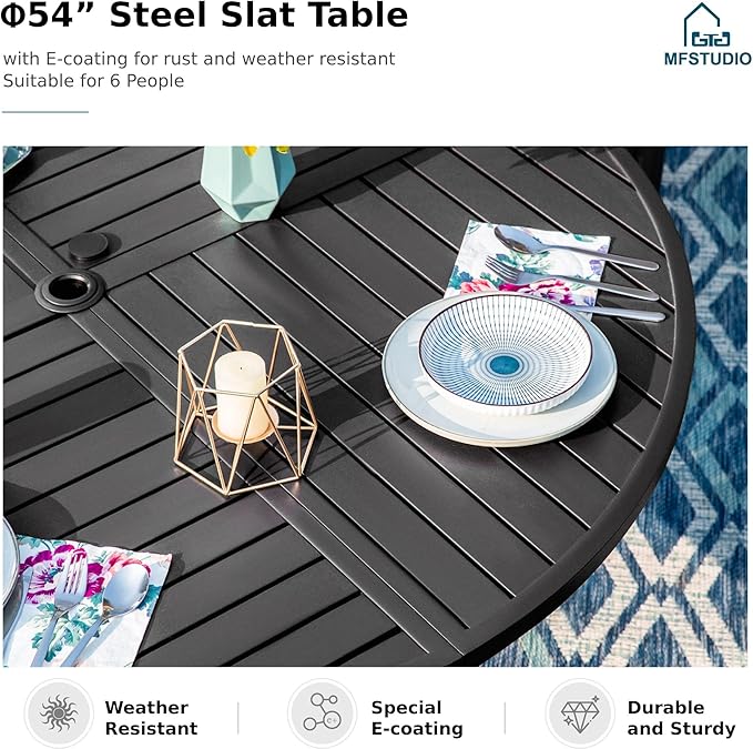 MFSTUDIO Patio Dining Sets with Swivel Chairs, Round Patio Table and Chairs, 5 Pieces Outdoor Furniture Set for 4, All Weather 42’’ Dining Metal Table for 4 & Brown Wicker Chair