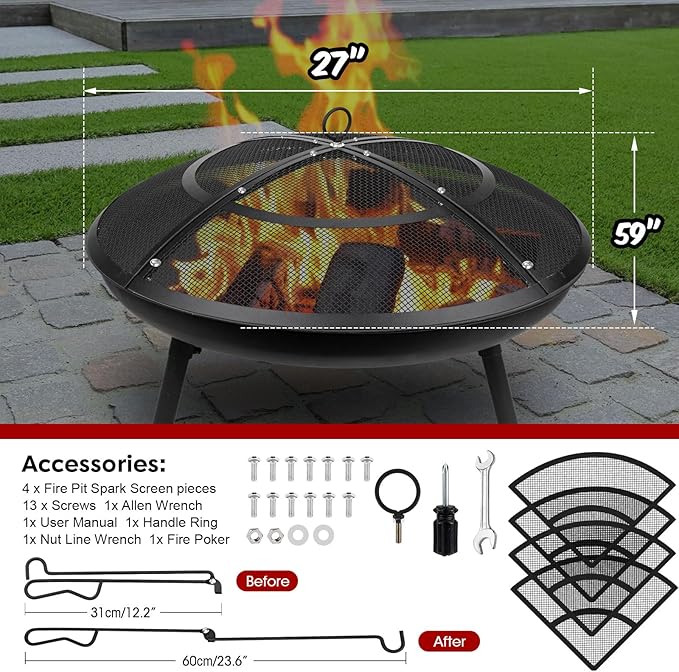 Fire Pit Spark Screen,27 Inch Fire Pit Screen Cover Outdoor with Handle&Poker,Heavy-Duty Steel Firepit Screens Cover Round Mesh Replacement for Backyard/Beach/RV Camping