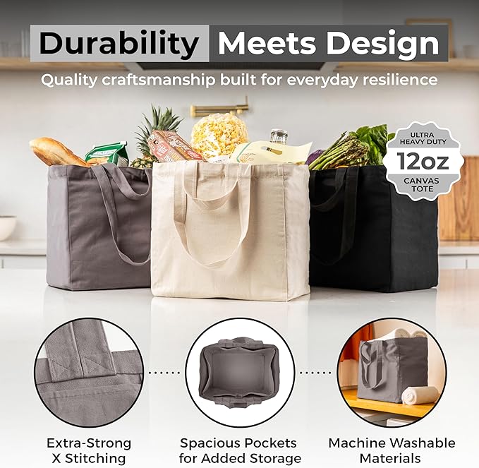VeraMia Canvas Grocery Bag 3pc XL Set with Real Pockets, Long Shoulder Strap and Short Handle. Heavy Duty, Foldable, Washable