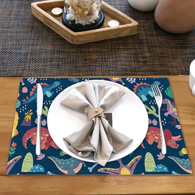 Dinosaur Placemats Set of 6,Cute Tropical Leaves Heat Resistant Table Mats Washable Place Mats for Party Kitchen Farmhouse Home Dining Holiday Decor 12x18 Inch