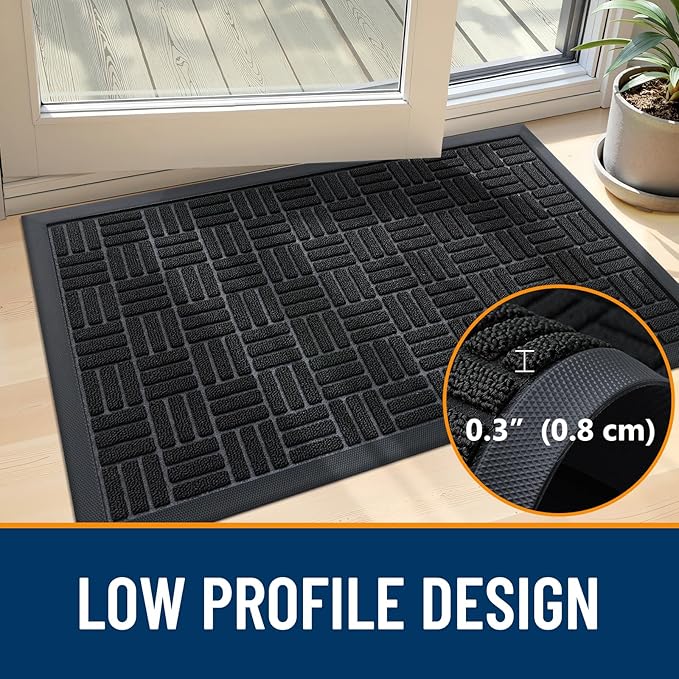 OLANLY Front Door Mat Outside Entrance 29.5x17, Absorbent, Heavy Duty Sturdy Natural Rubber Doormat Indoor Outdoor, Stain and Fade Resistant, Non-Slip Backing Low Profile Floor Mat for Entryway, Black