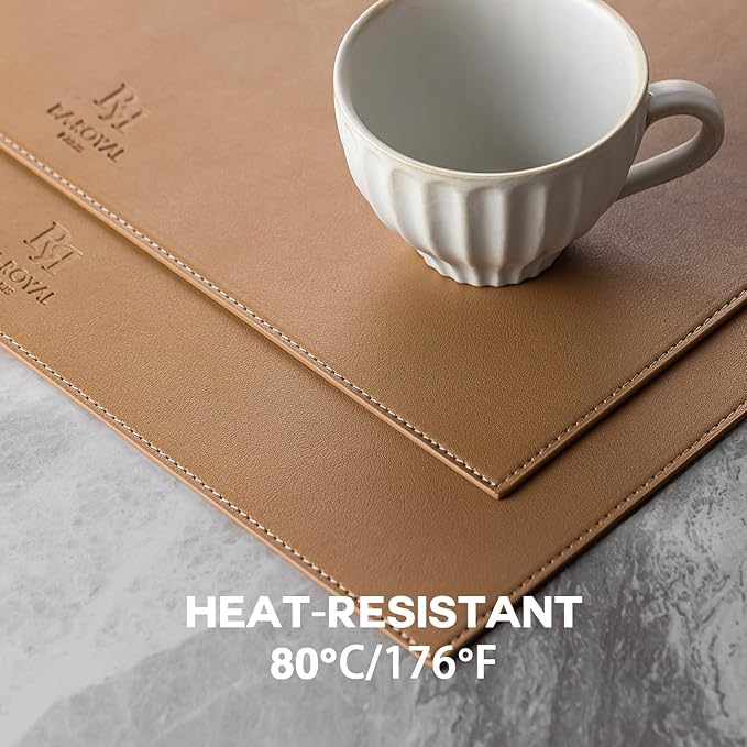 Faux Leather Placemats Set of 6 Vinyl Washable Wipeable Table Mats for Kitchen Dining Table Heat Resistant Waterproof Indoor/Outdoor Placemats Non-Slip Easy Clean Place Mats (British Khaki)