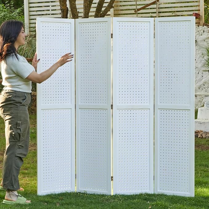 Room Divider Freestanding Folding Pegboard Privacy Screen 4-Panel Display Stand for Jewelry Craft Shows Retail Natural Wood Portable Space-Saving