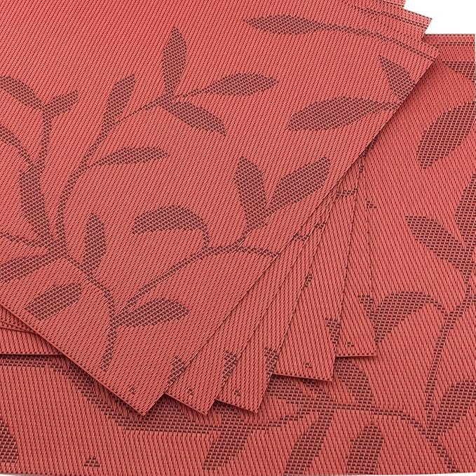 Gugrida Place Mats PVC Set of 6, Table Placemats Set of 6 PVC Table Mats Natural Color (6 pcs, Red Leaves)