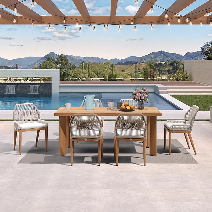PURPLE LEAF 7 Pieces Patio Dining Set Aluminum Modern Rectangular Table and Wicker Chairs with Cushions for Kitchen Porch Garden Outdoor Furniture Sets, Teak