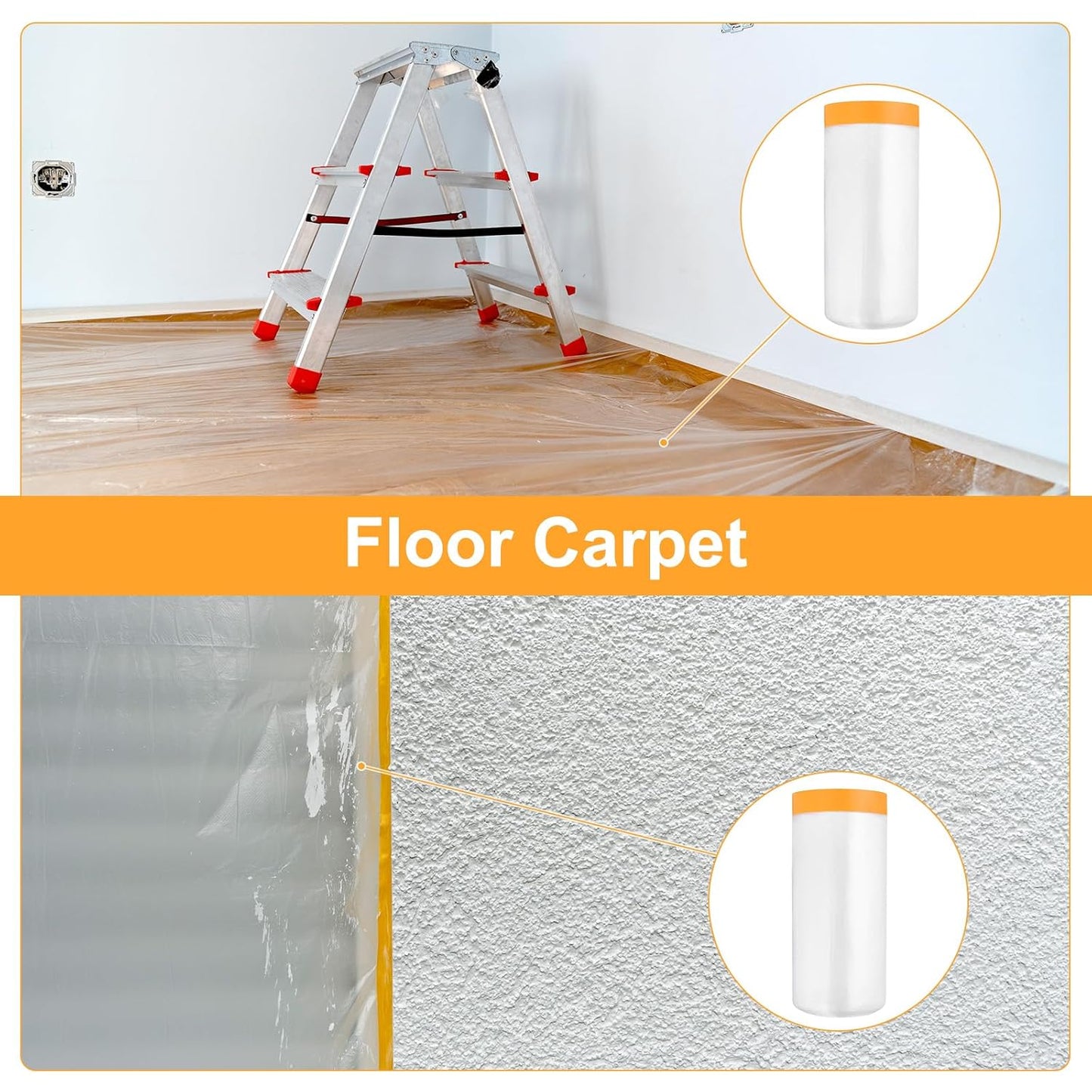 uxcell 3 Rolls Painters Plastic with Tape, 6 x 52 Ft Pre-Taped Masking Film Tape and Plastic Film Paint Plastic Covering Roll for Covering Skirting, Frames and Auto Body, Yellow/Clear