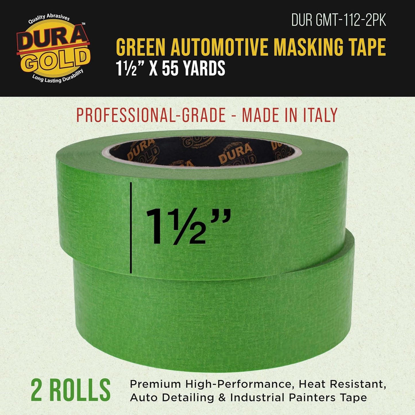 Dura-Gold Green Automotive Masking Tape 1-1/2 Inch (1.41 Inch x 55 Yards), 2 Rolls - Premium High-Performance, Heat Resistant - Auto Refinish Painting, Car Detailing, Autobody Industrial Painters Tape