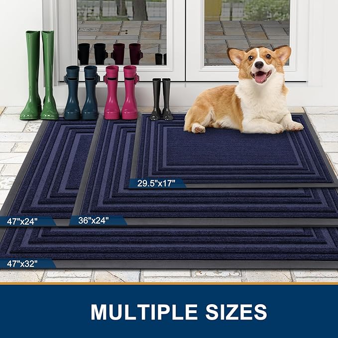 Buganda Front Door Mat Indoor Outdoor Entrance, Non-Slip Natural Rubber Doormats, Easy Clean, Low Profile, Dirt Trapper Entryway Floor Mats for Outside, Garages and Patios, 29.5x17, Navy