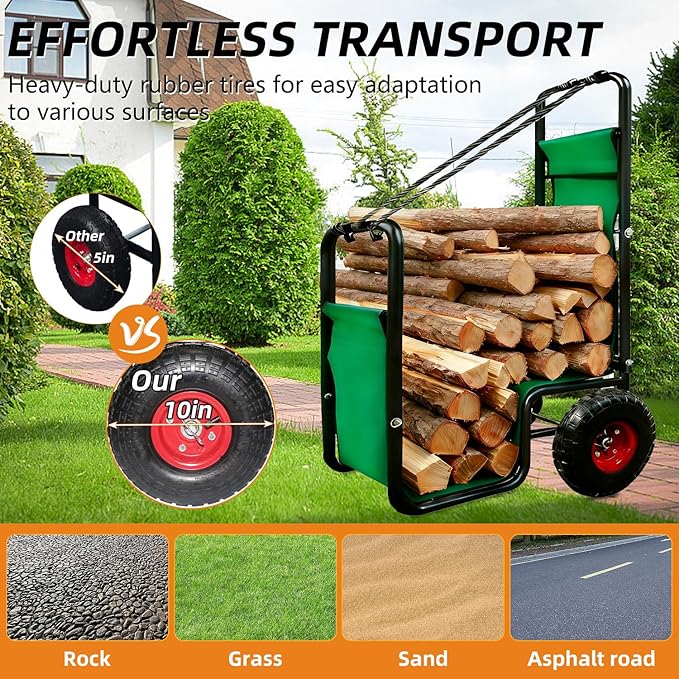 Kapler Firewood Cart with Wheels - Heavy Duty Steel Dolly Hauler & Wear-Resistant PVC Coated Oxford Fabric - 250 LB Capacity for Indoor Outdoor Fireplace Fire Pit Use