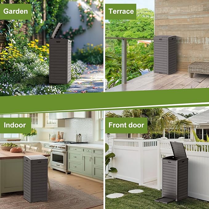38 Gallon Outdoor Trash Can with lid,Waterproof,UV-Resistant Resin Garbage Can,Lockable Lid and Drip Tray,Trash Bin for Patio,Kitchen, Backyard and Deck(Grey)