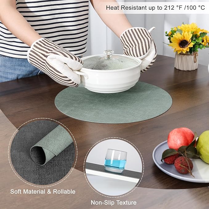 Myir JUN Round Placemats Dual Sided, Faux Leather Place Mats Set of 6 Indoor for Dining Table Outdoor Non-Slip Washable Table Mats (Set of 6, Gray Sage Green)