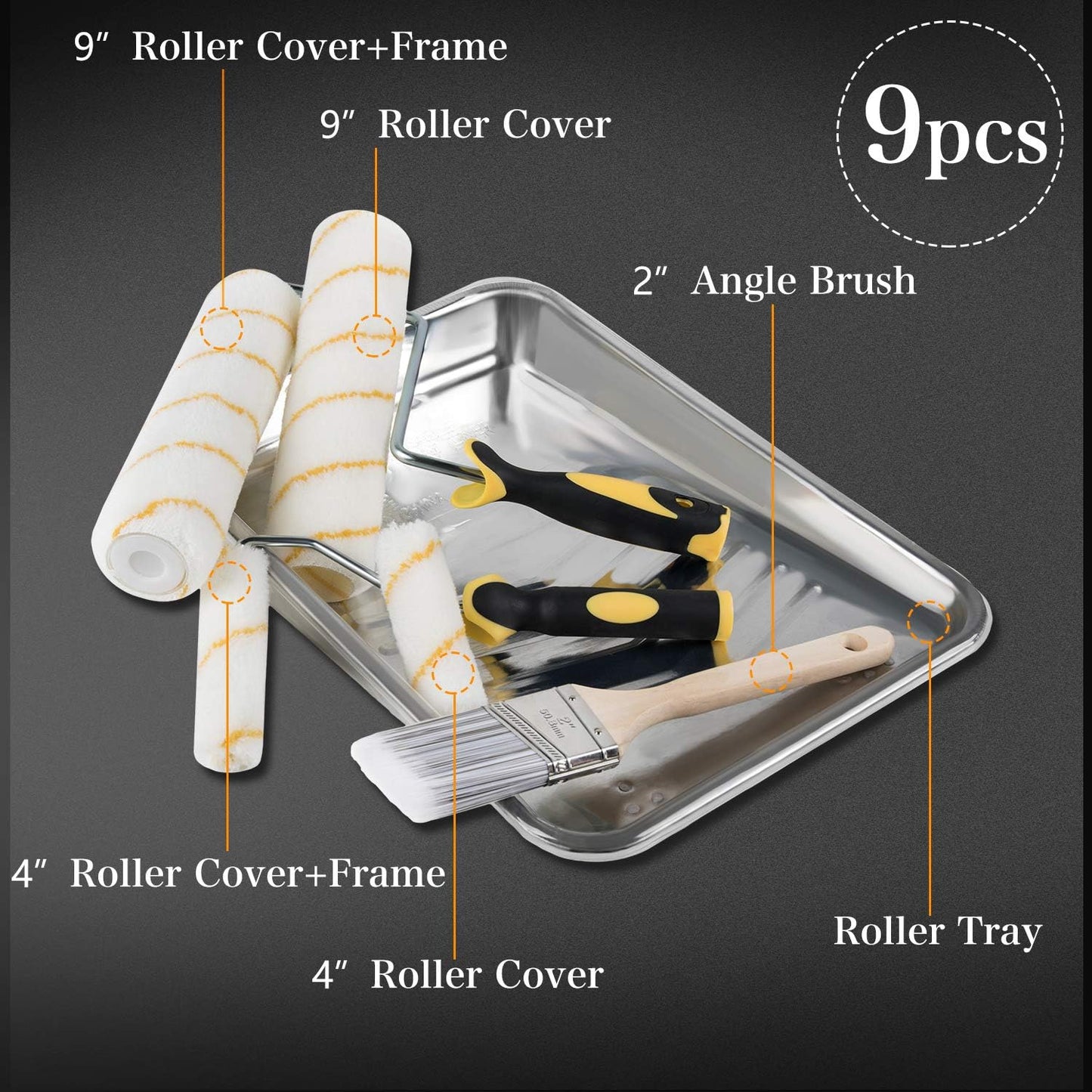ETERNA Paint Roller Kit, 9 Pieces Paint Supplies for House Painting, with Metal Paint Tray&9 inch+4 inch Paint Rollers&Cover&Frame&Brush, Perfect for Wall Decorating Home DIY Improvement