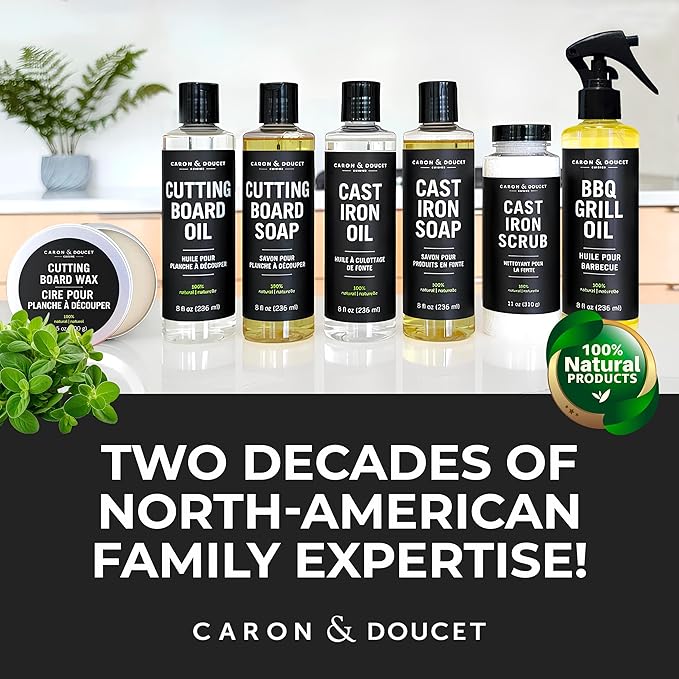 CARON & DOUCET - Ultimate Cast Iron Set: Seasoning Oil, Cleaning Soap & Restoring Scrub | 100% Plant-Based & Best for Cleaning Care, Washing, Restoring & Seasoning Skillets, Pans & Grills!