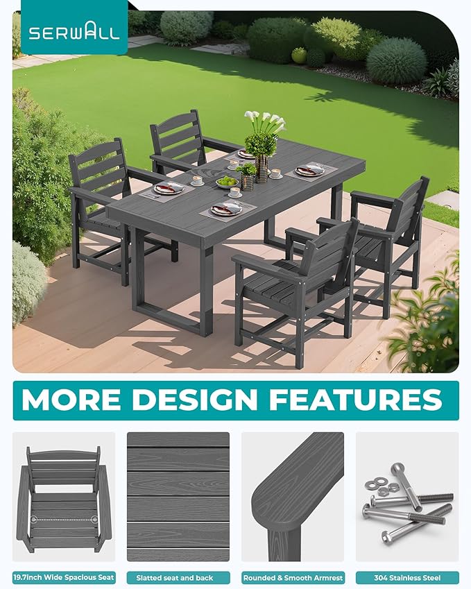 SERWALL HDPE Outdoor Dining Set for 4, 67'' All Weather Patio Dining Table and Chairs Set for Deck, Lawn, Gray